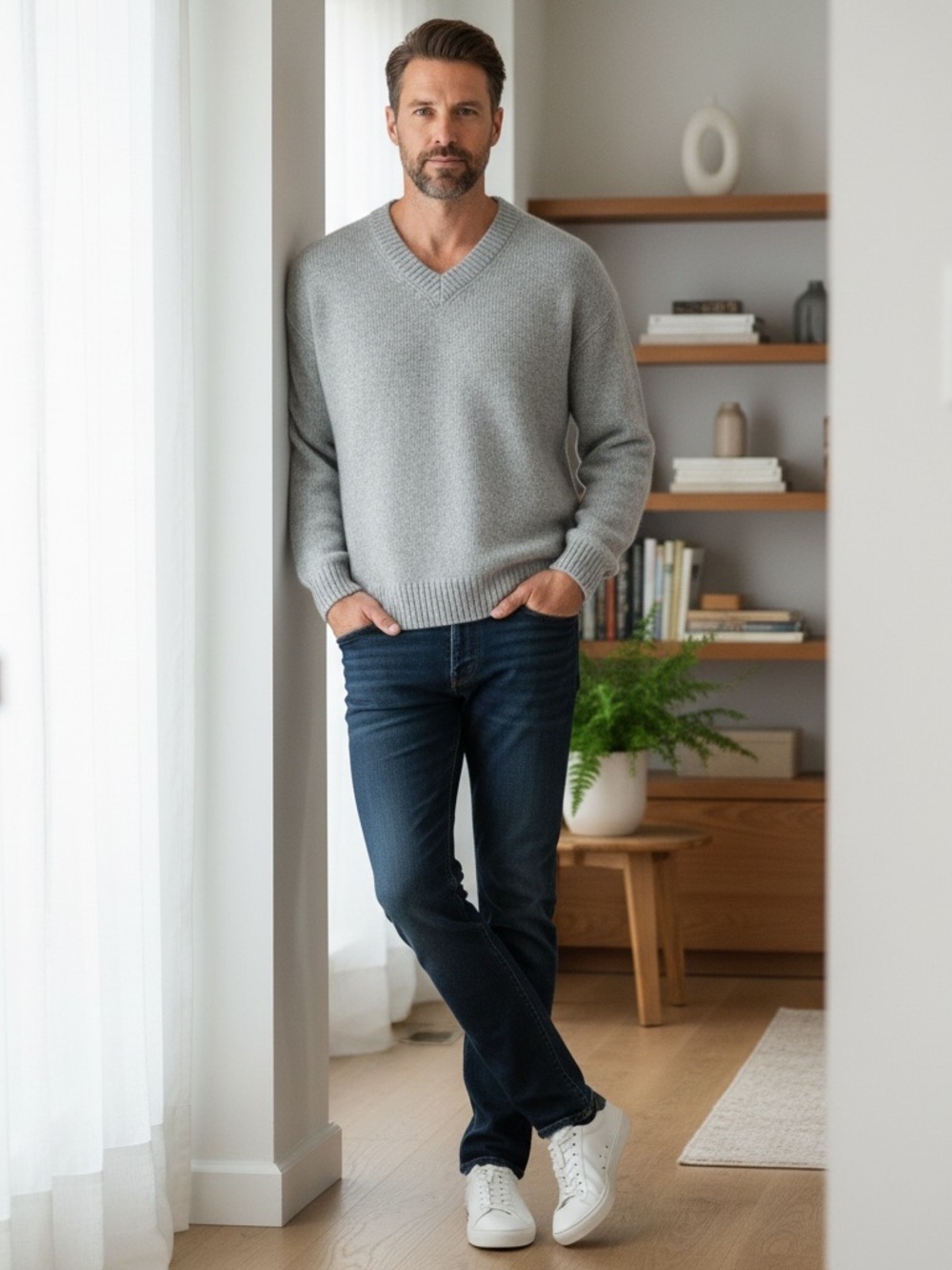 NWT Men's 100% cashmere Gray V-Neck Sweater - Classic Knit Pullover